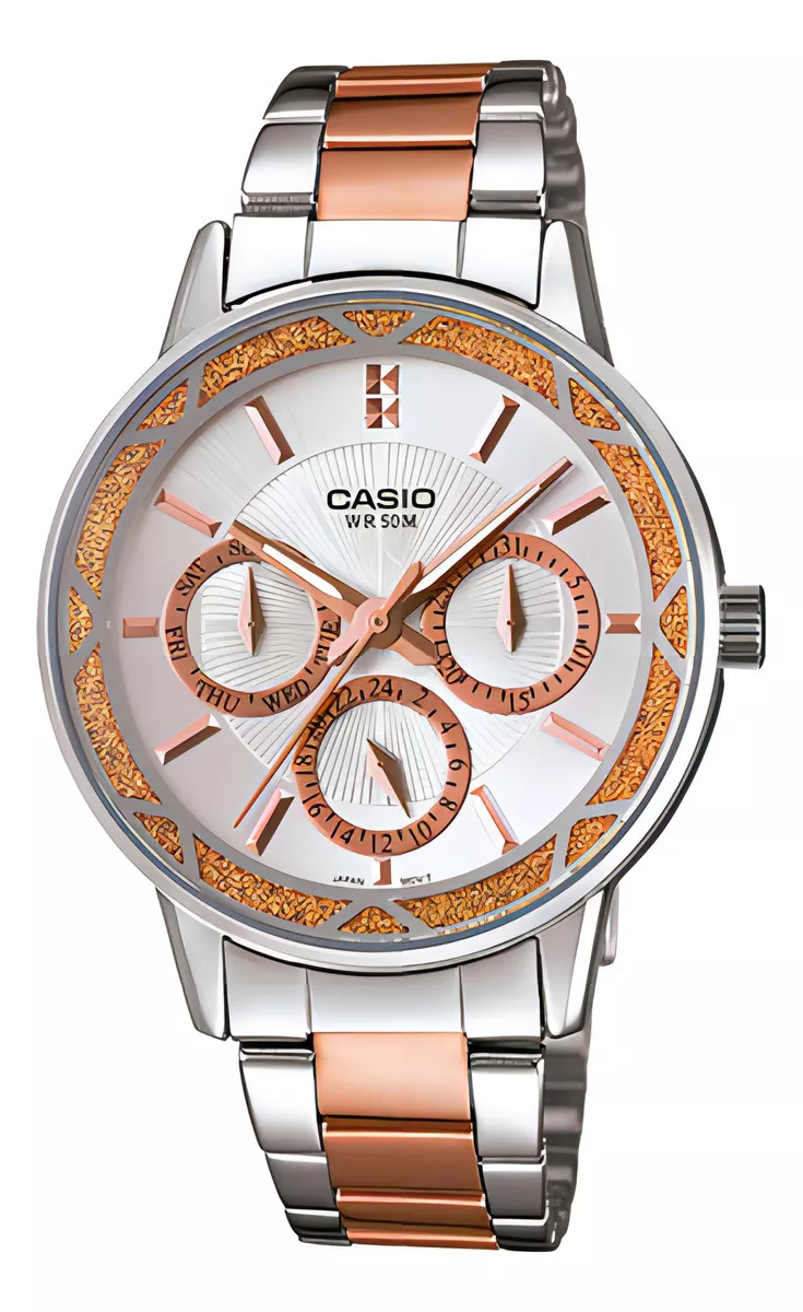 Relógio de pulso Casio LTP-2087RG-7AVDF, para mulheres, fundo branco, com pulseira de aço inoxidável prateada e bicolor