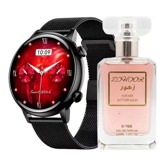 Relógio Inteligente G-Tide Romance Preto + Água de Perfume Zohoor EDP 30ML Feminino