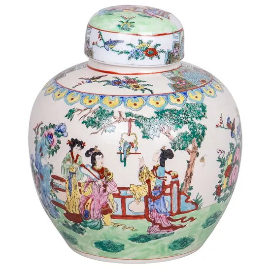 Vaso de Porcelana Floral com Tampa Estilo Oriental