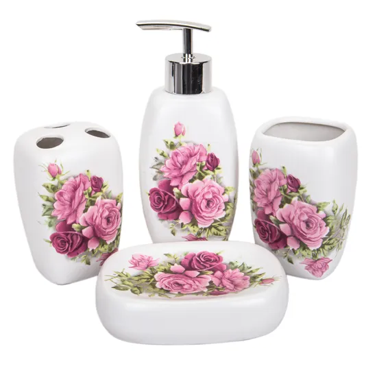 Kit Banheiro Porcelana Branco Estampa Floral 4 Peças