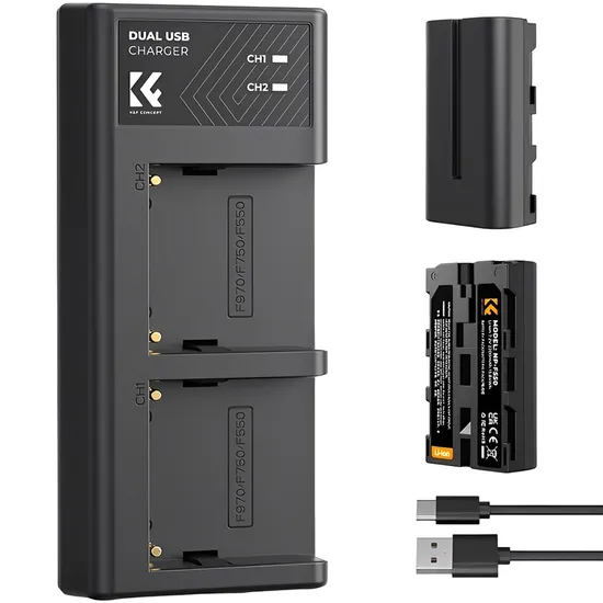 Kit Baterias + Carregador Duplo K&F para Sony NP-F550 - Preto (KF28.0046)