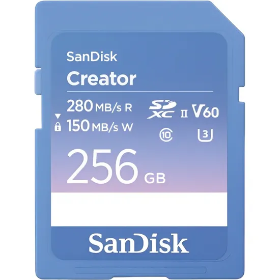 Cartão de Memória SD Sandisk Creator 280-150 MB/s UHS-II U3 V60 6K 256 GB (SDSDXEP-256G-GNCIS)