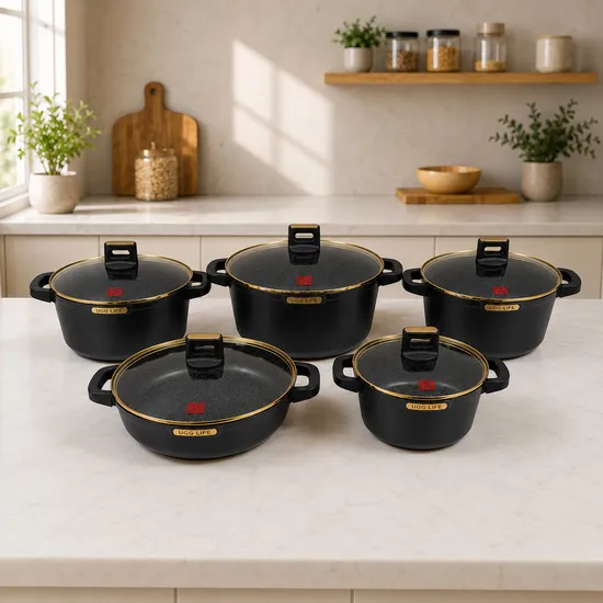 Conjunto de Panelas de Indução Antiaderentes Ucc Life de 10 Peças, Preto/Dourado.