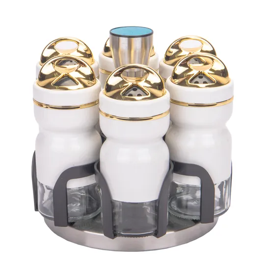 Porta Tempero Giratório Condimento 6 Peças Inox Branco Redondo