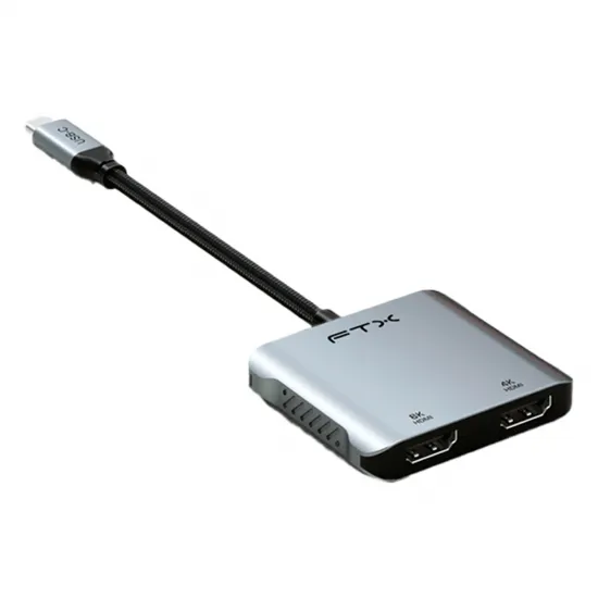 Adaptador USB-C FTX 4 Em 1, CT-CM2H8K-Ag, 2XHDMI 4K/8K, 1XUSB-C 100W, 1XUSB-A 2.0, Cinza
