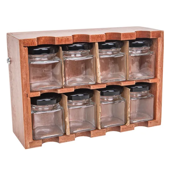 Porta Condimentos com Base de Madeira com 8 Frascos de Vidro