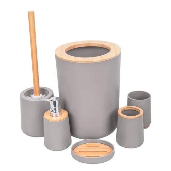 Jogo de Banho Plástico com Bambu 6 Peças - Cinza