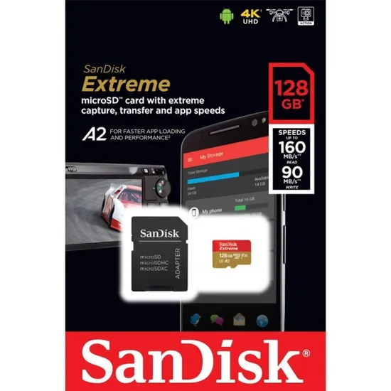 Cartão MicroSD 128GB SanDisk Extreme 160MB/s 4K SDSQXA1-128G-GN 6MA U3 V30