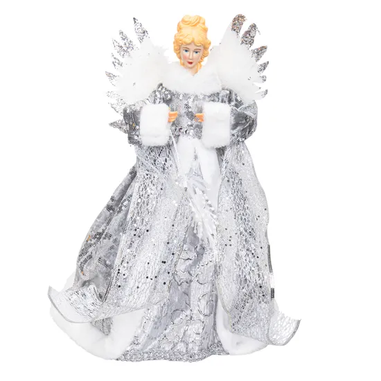 Figura Anjo de Natal Cinza/Branco/Prata 40CM