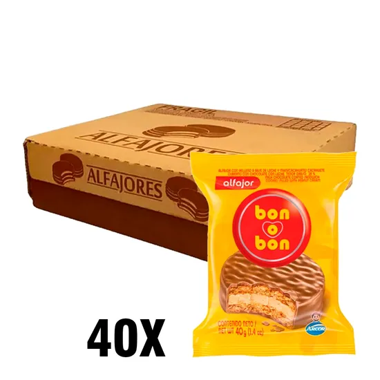 Caixa Alfajor Arcor Bon O Bon Chocolate ao Leite Recheio de Creme de Amendoim c/ 40X40G