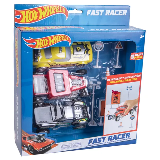 Kit Hot Wheels Fast Racer de Retrocesso Carrinhos: 3 Carros 13 CM + 6 Acessórios