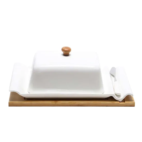 Porta Manteiga Cerâmico com Base Bambu