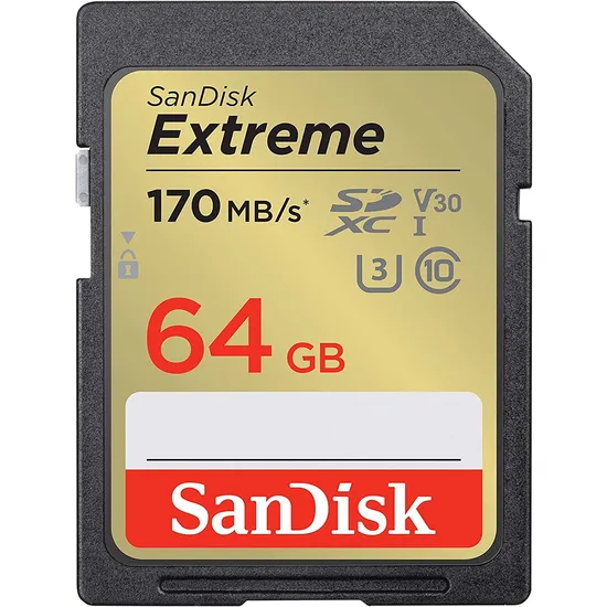 Cartão de memória SD Sandisk Extreme 170-80 MB/s C10 U3 V30 64 GB (SDSDXV2-064G-Gncin)