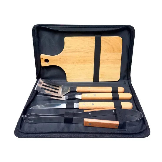 Jogo para Churrasco com Tábua de Bambu e Estojo 5 Peças