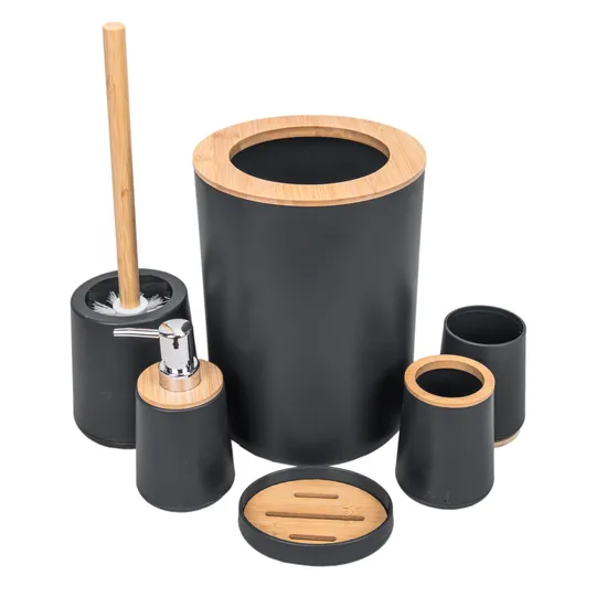 Jogo de Banho Plástico com Bambu 6 Peças - Preto