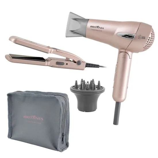 Kit Britânia Viagem - Secador + Alisador - 1200W - Bivolt - Rosa Gold
