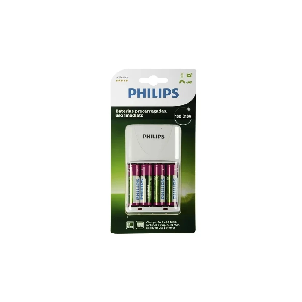 Carregador de Pilhas Philips SCB2445NB com 4 Pilhas AA 2450mAh 2V