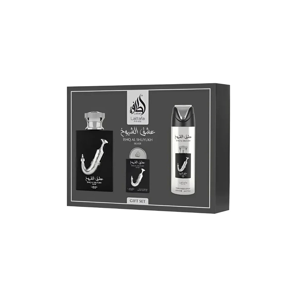 Kit Perfume Lattafa Pride Isqhq Al Shuyukh Silver Edp 100ML + Spray 200ML + Miniatura 20ML - Unissex