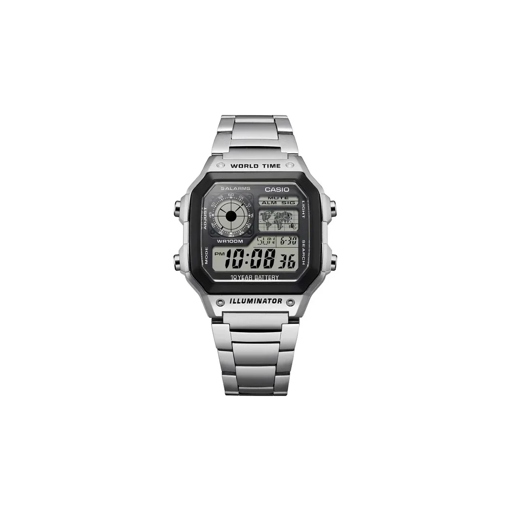 Relógio Casio World Time AE-1200WHD-1AVDF Digital Masculino Prata/Preto