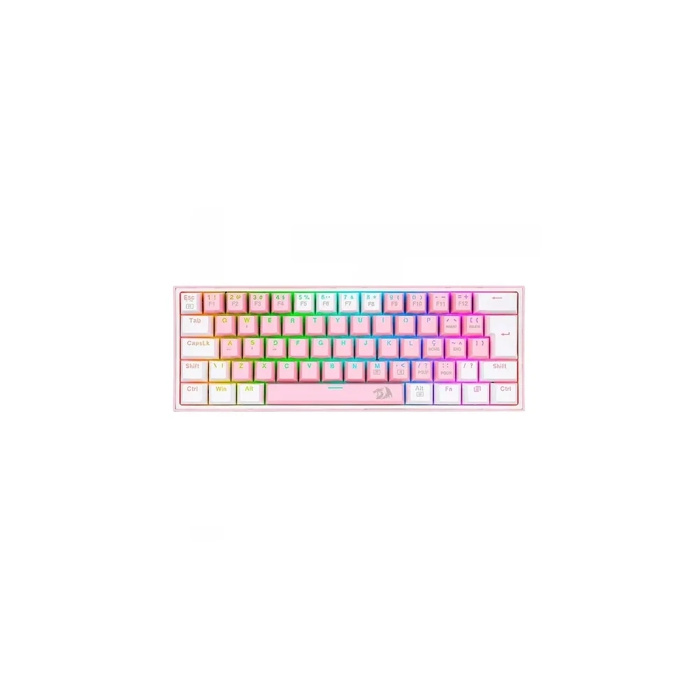 Teclado Gamer Redragon Fizz Rainbow K617-RGB-PW Switch Azul Layout 60% - Rosa Branco