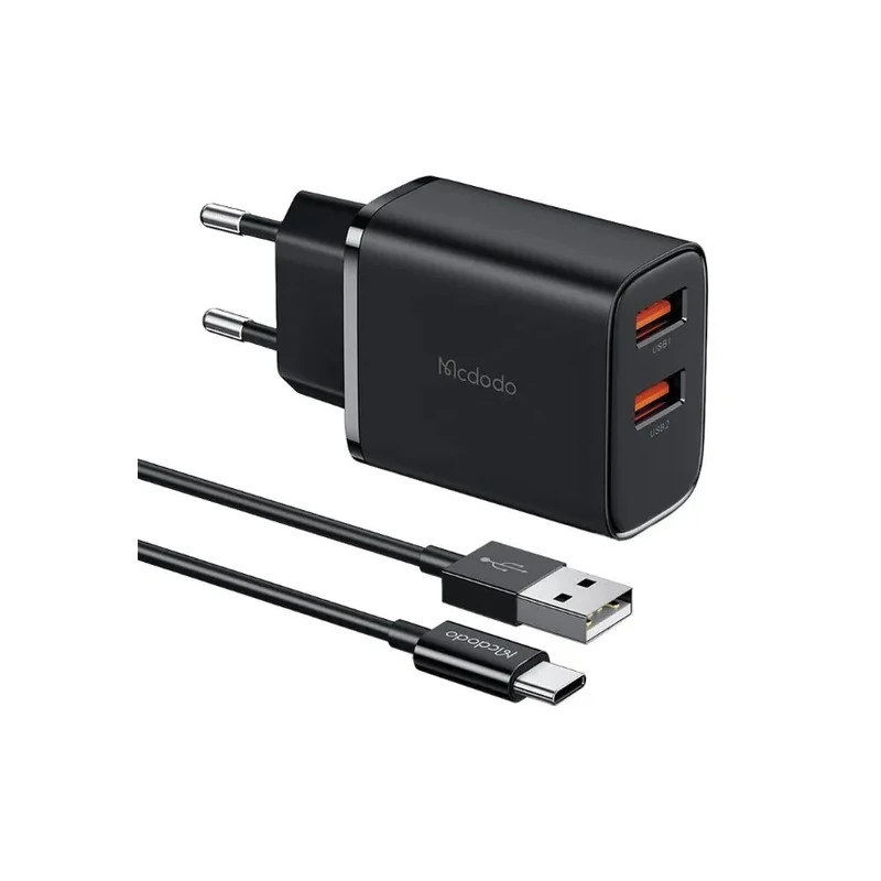 Carregador de Parede Mcdodo CH-5072 / 12W / 2X USB-A + Cabo USB-A - USB-C - Preto
