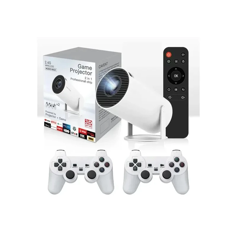 Game Projetor M300 Max Consola Game Retro / Gamepad 2 Em 1 / com 2 Controles / 4K / 3D Games / Wifi / Android 11 - Branco