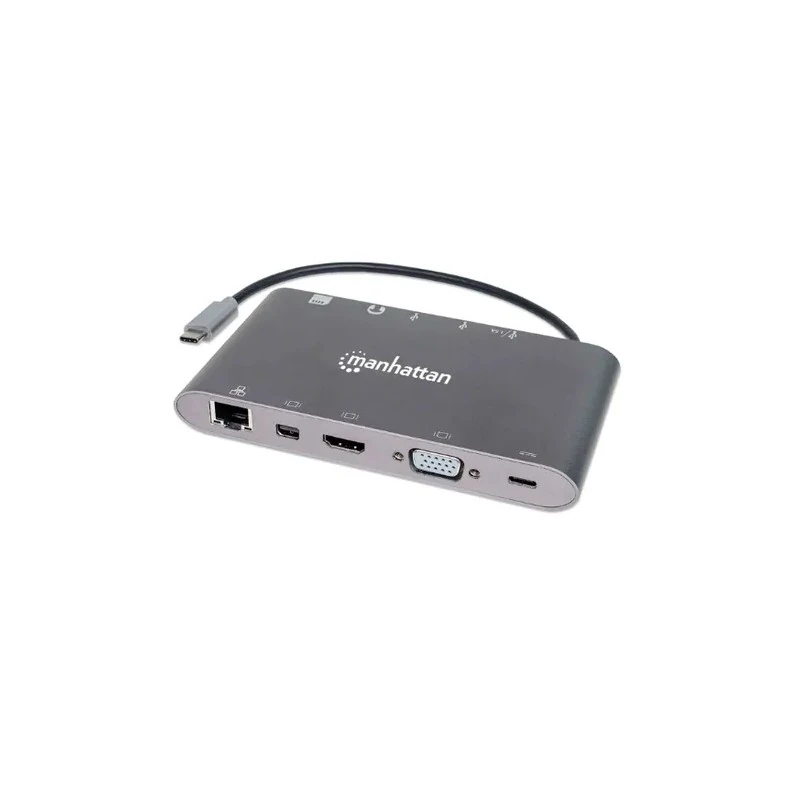 Hub Adaptador Multiporta Manhattan 152808 USB-C 3.2 / 7 em 1 / HDMI / Mini Displayport / VGA / RJ45 / SD / Micro SD / USB-C / Jack 3.5 MM - Cinza