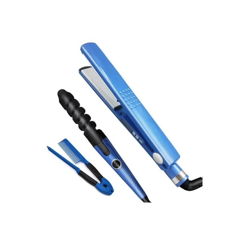 Kit 3 em 1 para Cabelo Nano Titanium com Chapinha / Prancha de Cabelo / Modelador de Cachos e Pente - Bivolt - Azul