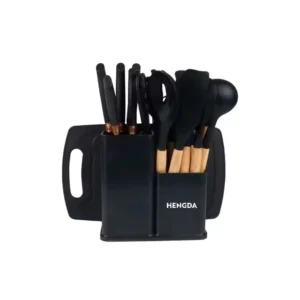 Kit de Utensílios para Cozinha Hengda YQ10413 de Silicone com Cabo de Madeira - 18 Peças - Preto
