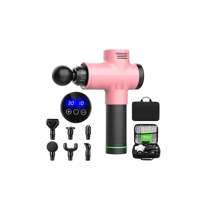 Massageador Elétrico Corporal Muscular Portátil Gun 1028 com 6 Acessórios / 3 Velocidades / 100-240V ~ 50/60HZ - Rosa Claro / Preto