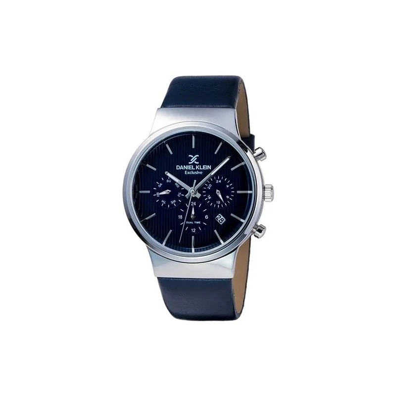Relógio Analógico Daniel Klein Exclusive DK11891-2 Masculino Pulseira de Couro - Azul Escuro e Prata
