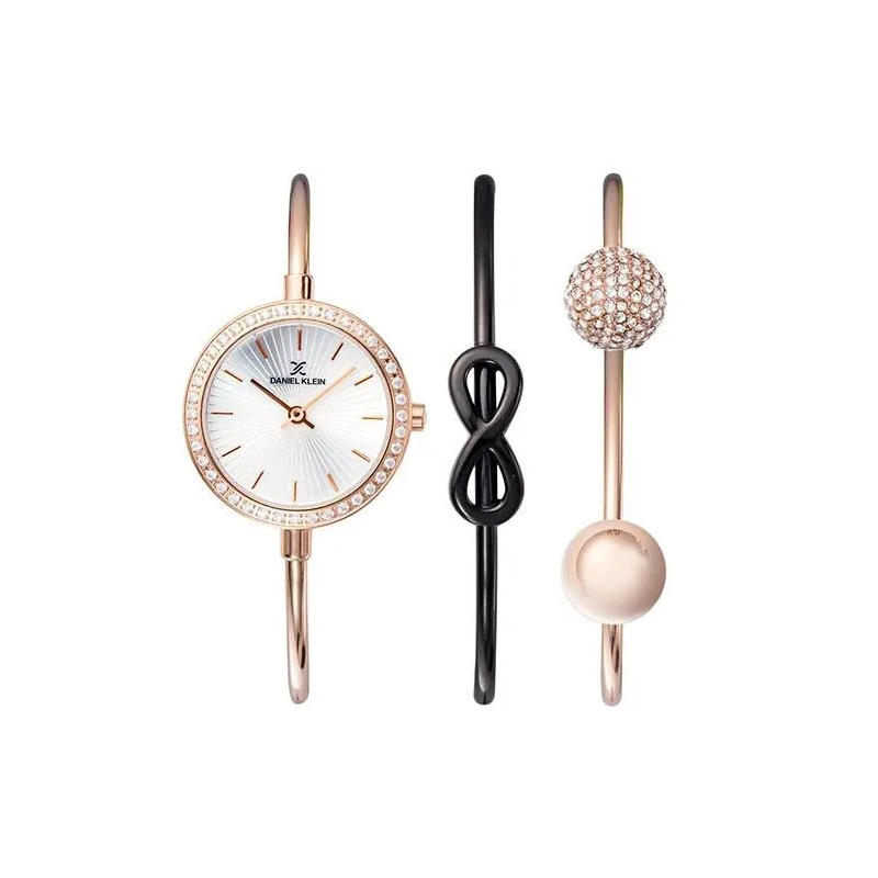 Kit Contém Relógio Analógico Daniel Klein DK11931-6 Feminino com Duas Pulseiras de Aço Inoxidável - Rosa Ouro e Preto