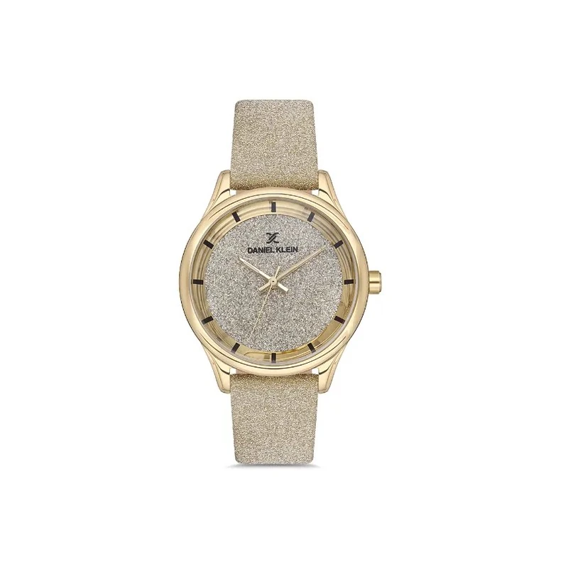 Relógio Analógico Feminino Daniel Klein DK.1.12667-3 Premium Ladies / Pulseira de Couro - Dourado Glitter