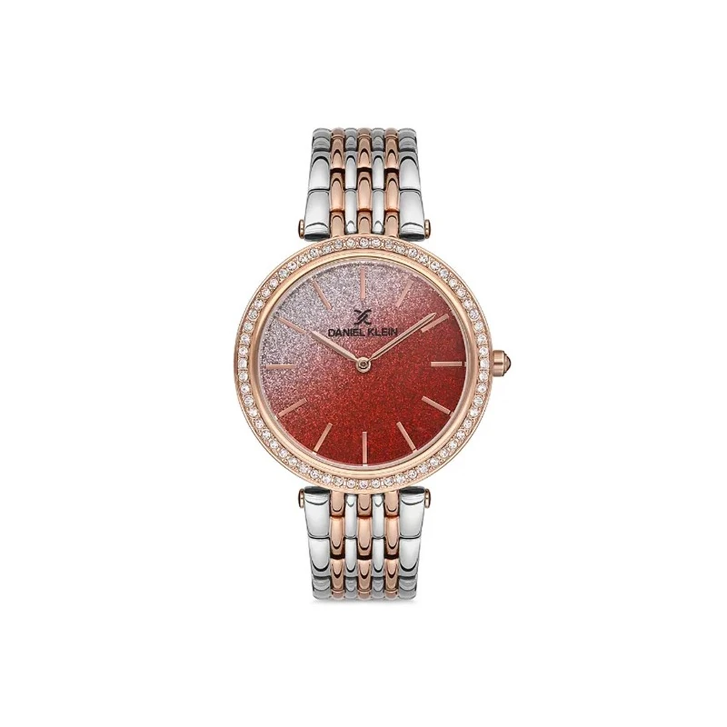 Relógio Analógico Feminino Daniel Klein DK.1.12687-6 Premium Ladies - Pulseira de Aço Inoxidável - Prata/Rose Gold/Vermelho Glitter