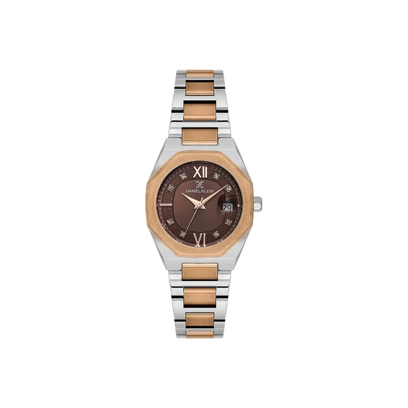 Relógio Analógico Feminino Daniel Klein DK.1.14109-6 Premium Lady / Pulseira de Aço Inoxidável - Prata/Rose Gold/Marrom