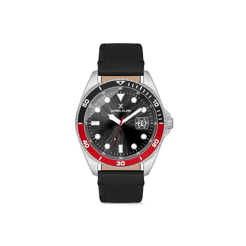 Relógio Analógico Masculino Daniel Klein DK.1.12665-2 Premium Gents / Pulseira de Couro Genuíno - Preto/Vermelho/Prata