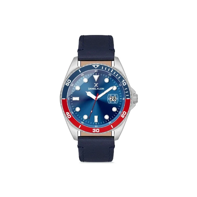 Relógio Analógico Masculino Daniel Klein DK.1.12665-3 Premium Gents / Pulseira de Couro Genuíno - Azul/Vermelho
