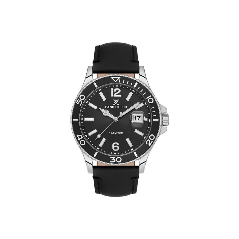 Relógio Analógico Masculino Daniel Klein DK.1.13905-1 Premium Gents / Pulseira de Couro Genuíno - Preto/Prata