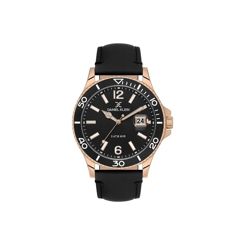 Relógio Analógico Masculino Daniel Klein DK.1.13905-4 Premium Gents / Pulseira de Couro Genuíno - Preto/Rose Gold