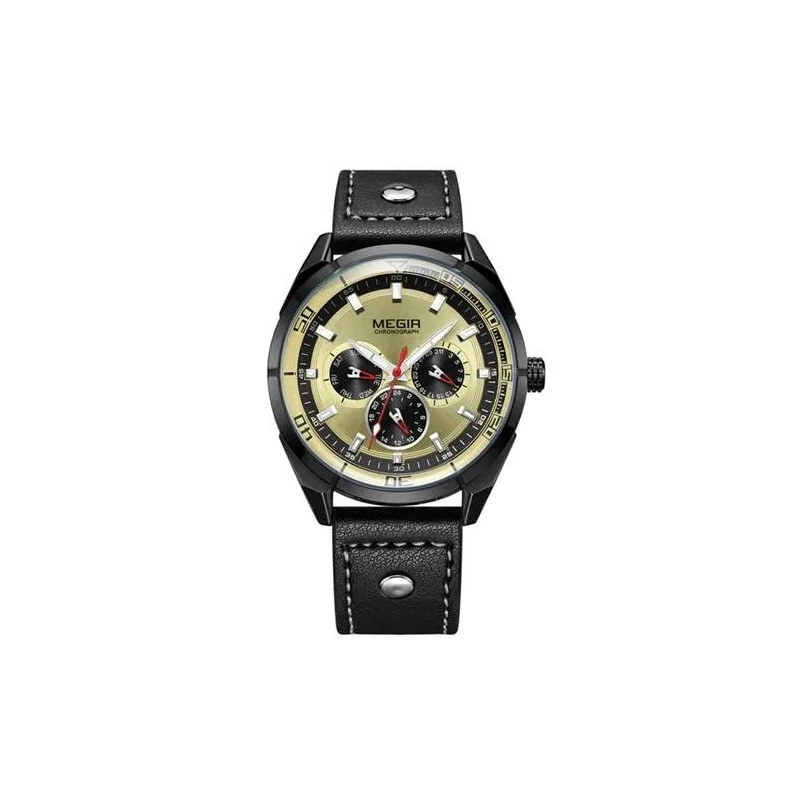 Relógio Analógico Megir Chronograph ML2072G-BK-3N1 Masculino, Couro - Preto e Dourado