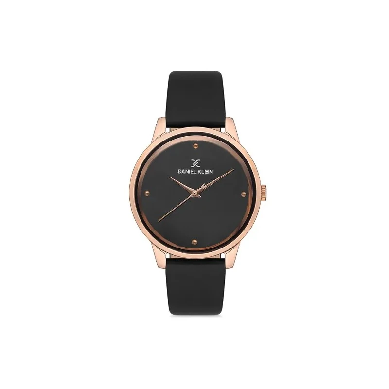 Relógio Analógico Feminino Daniel Klein DK.1.12685-5 Premium Ladies / Pulseira de Couro Genuíno - Preto/Rose Gold
